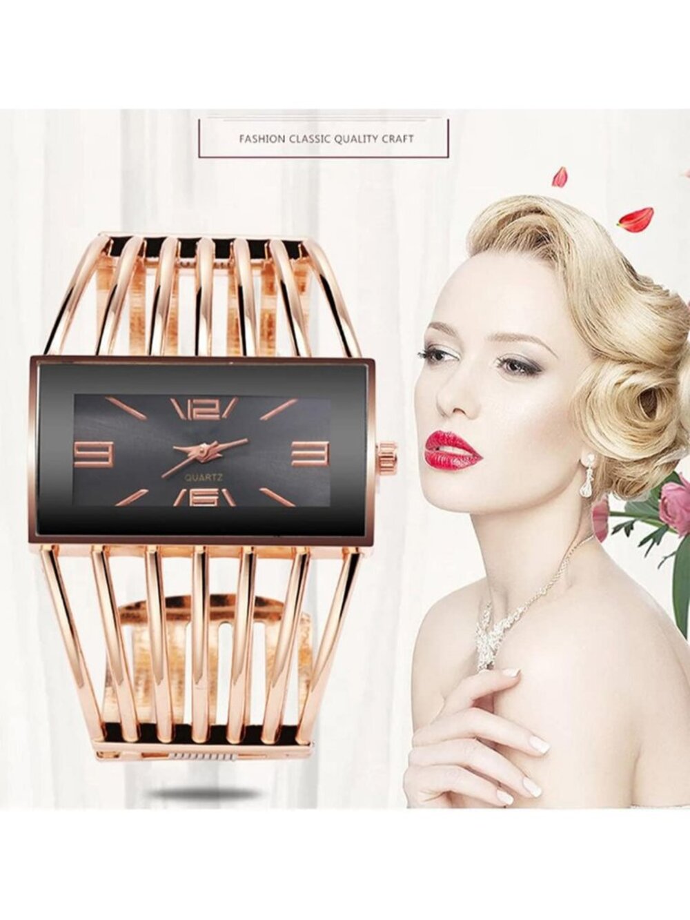 Women's Gold Luxury Rectangular Case Analog Quartz Dress Fashion Wrist Watches - Picture 5 of 6